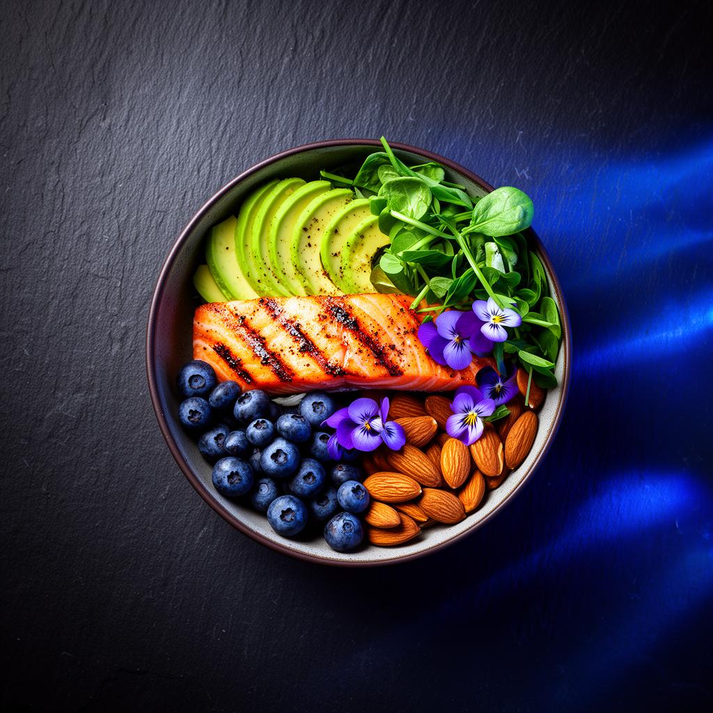 Sugar-free healthy bowl with salmon, greens and berries